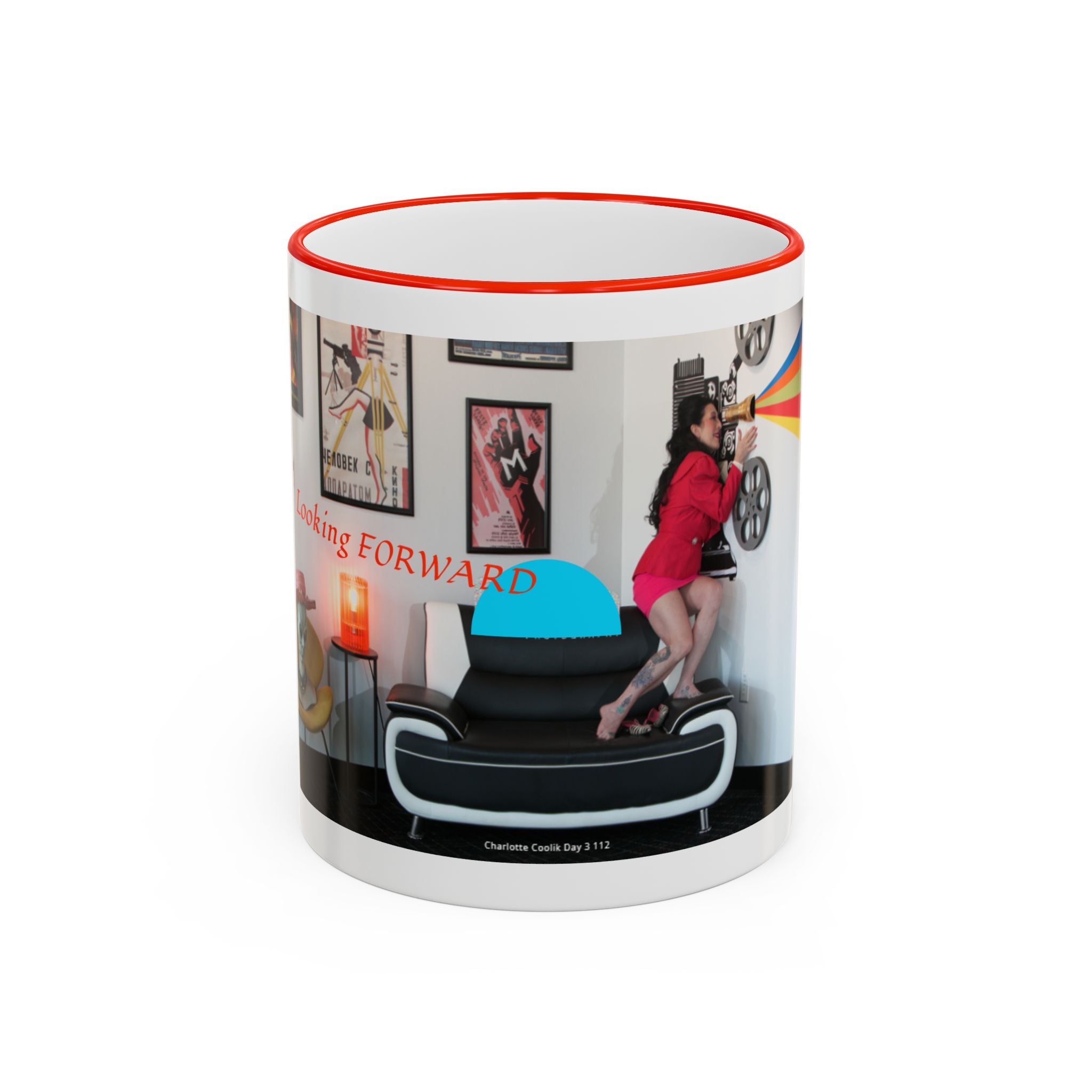 Retro Film Room Accent Rim Mug — 'Moving Forward' Graphic Coffee Cup (11oz/15oz)
