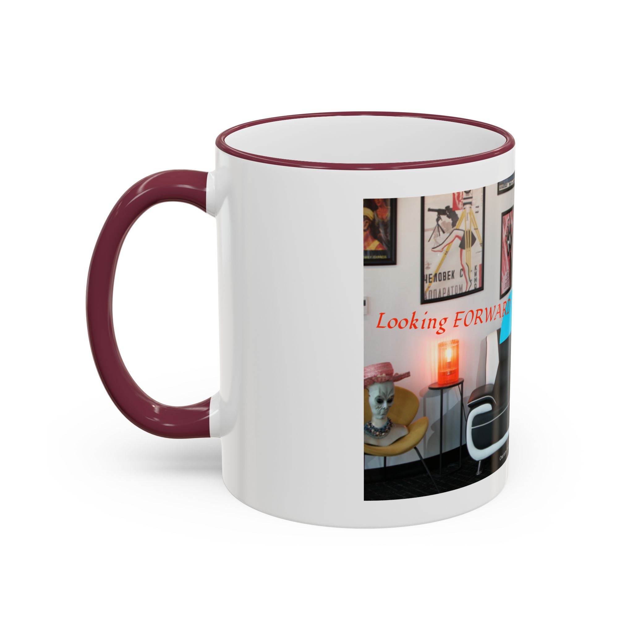 Retro Film Room Accent Rim Mug — 'Moving Forward' Graphic Coffee Cup (11oz/15oz)
