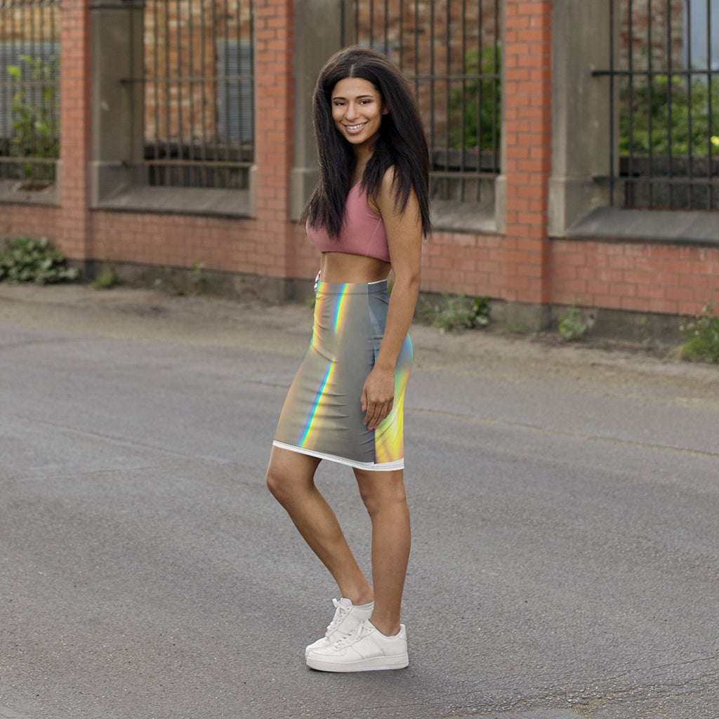 Rainbow Prism Pencil Skirt — Holographic Light Midi Skirt