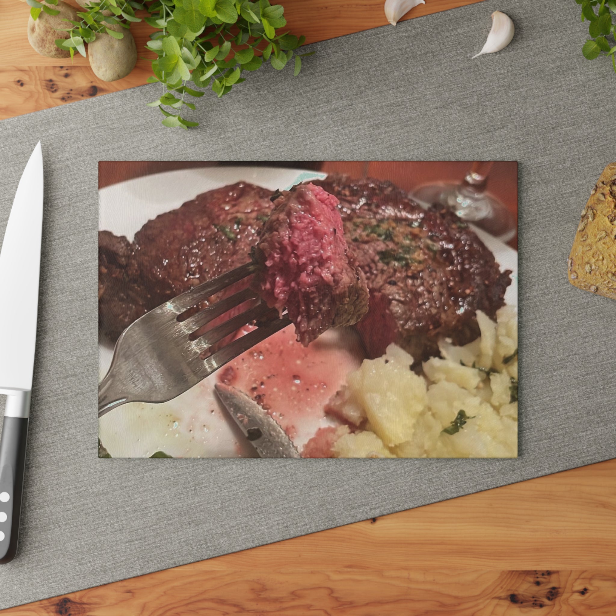 Glass Cutting Board — Steak Dinner Photo Decorative Chopping Board