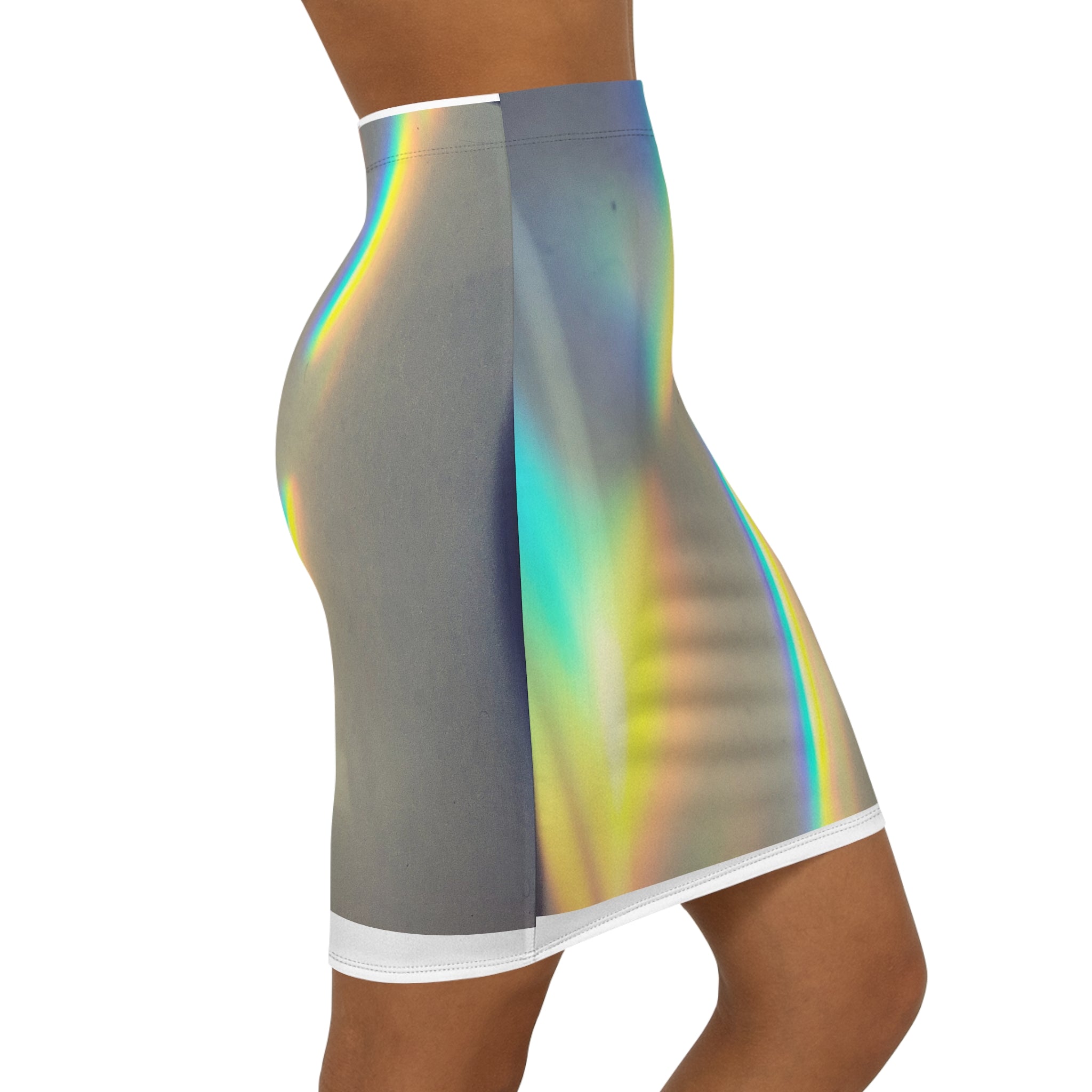 Rainbow Prism Pencil Skirt — Holographic Light Midi Skirt