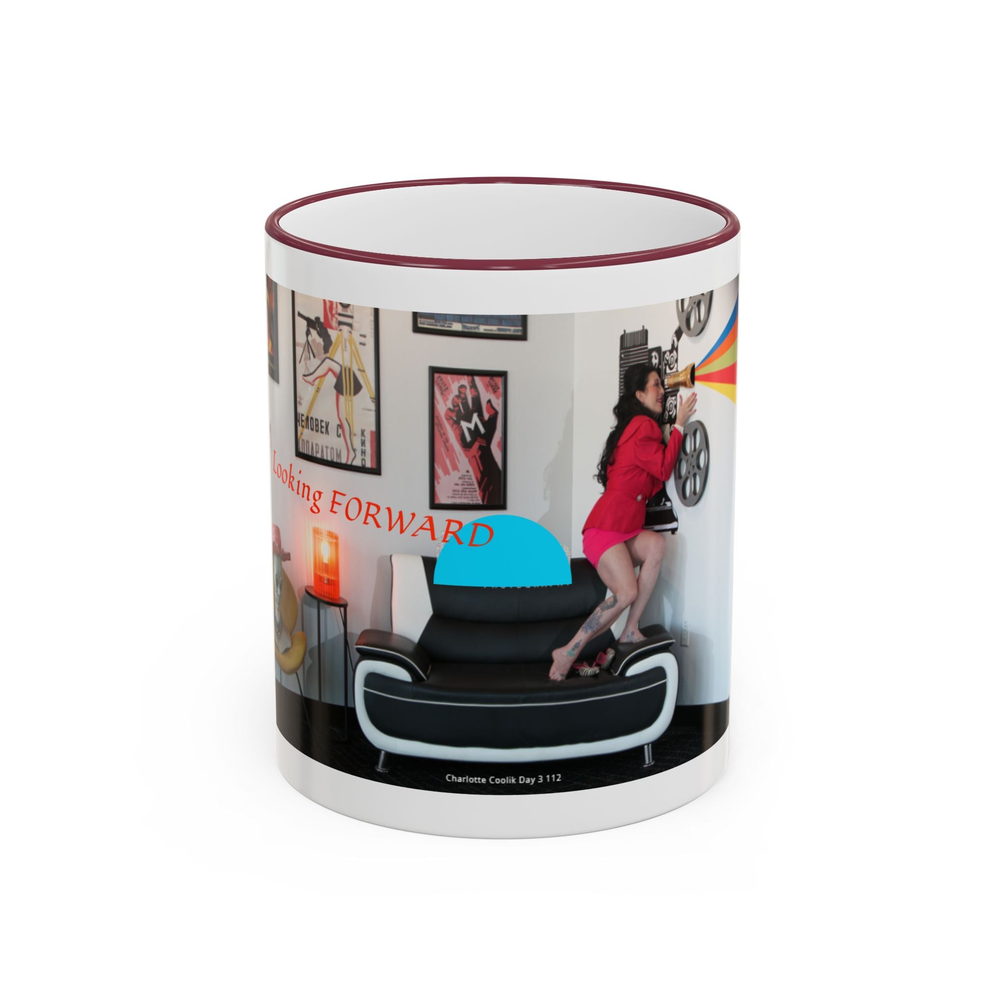 Retro Film Room Accent Rim Mug — 'Moving Forward' Graphic Coffee Cup (11oz/15oz)