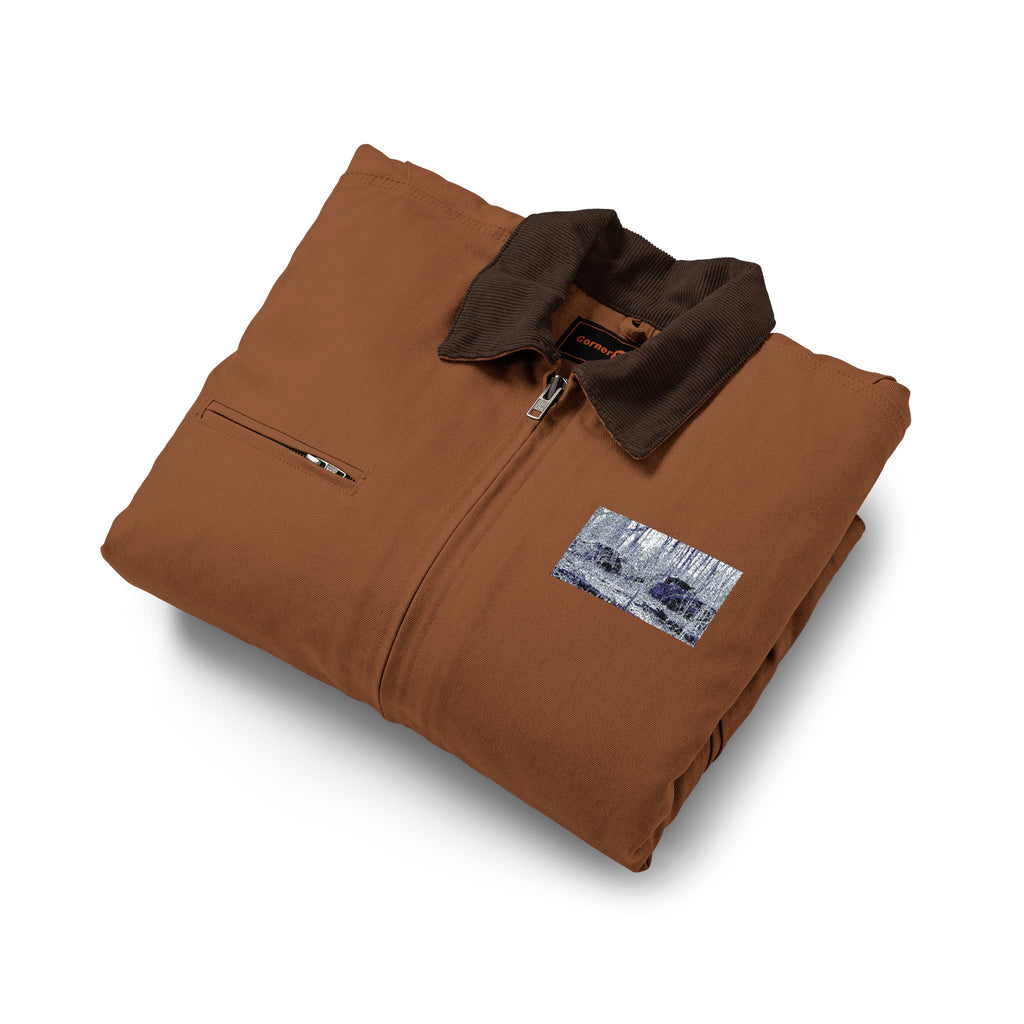 Black Work Jacket with Distressed American Rustic Landscape Patch — Heavy-Duty Duck Cloth