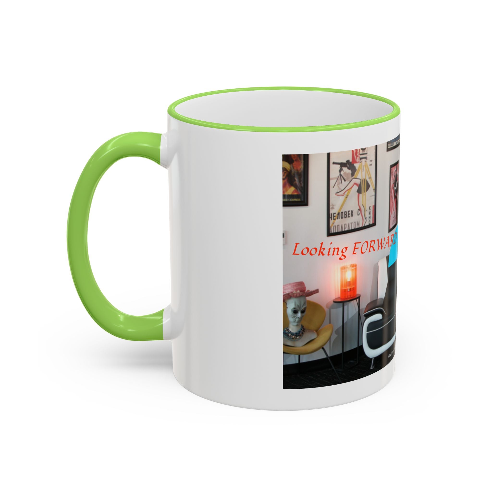 Retro Film Room Accent Rim Mug — 'Moving Forward' Graphic Coffee Cup (11oz/15oz)