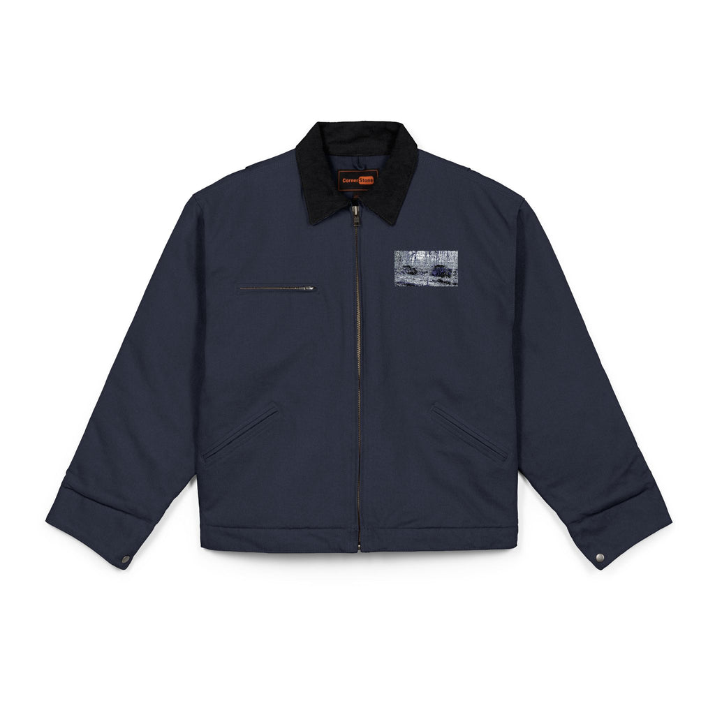 Black Work Jacket with Distressed American Rustic Landscape Patch — Heavy-Duty Duck Cloth