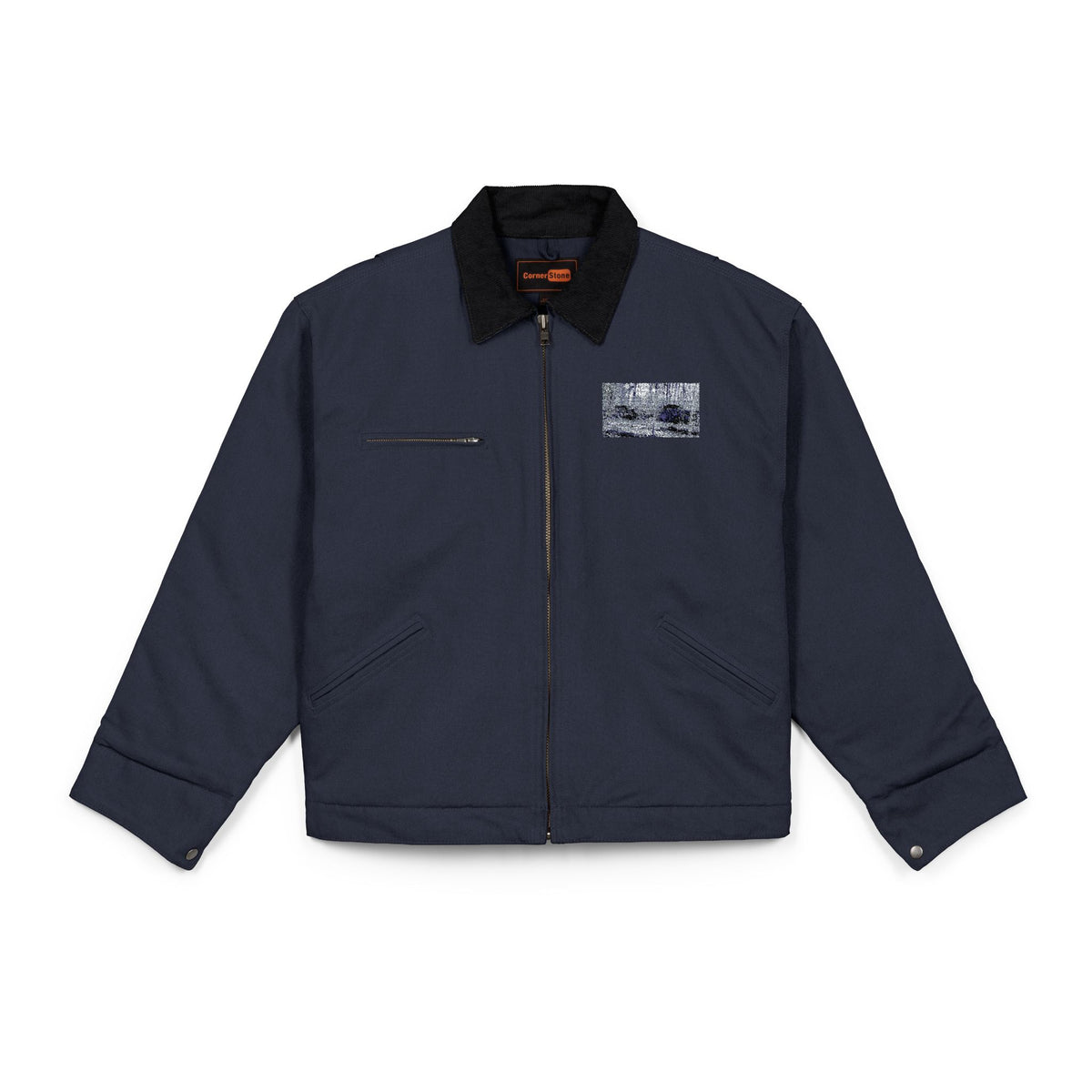 Black Work Jacket with Distressed American Rustic Landscape Patch — Heavy-Duty Duck Cloth