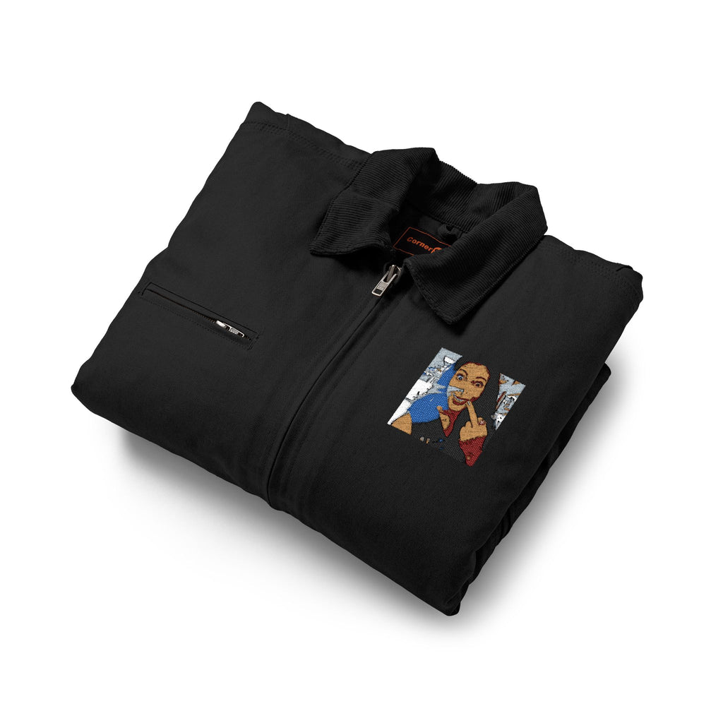 Work Jacket with Vintage Silly-Sexxy Lady "Eff-You Work,LOL" Portrait Patch — Durable Black Duck Cloth Jacket