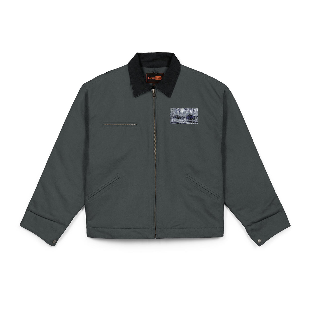 Black Work Jacket with Distressed American Rustic Landscape Patch — Heavy-Duty Duck Cloth