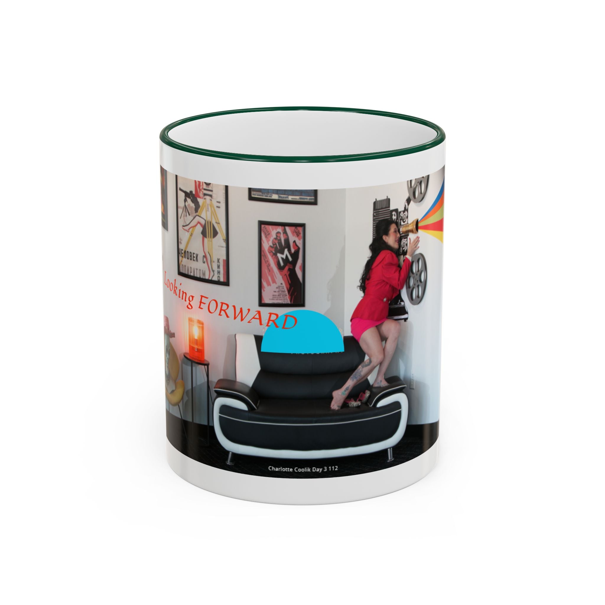 Retro Film Room Accent Rim Mug — 'Moving Forward' Graphic Coffee Cup (11oz/15oz)