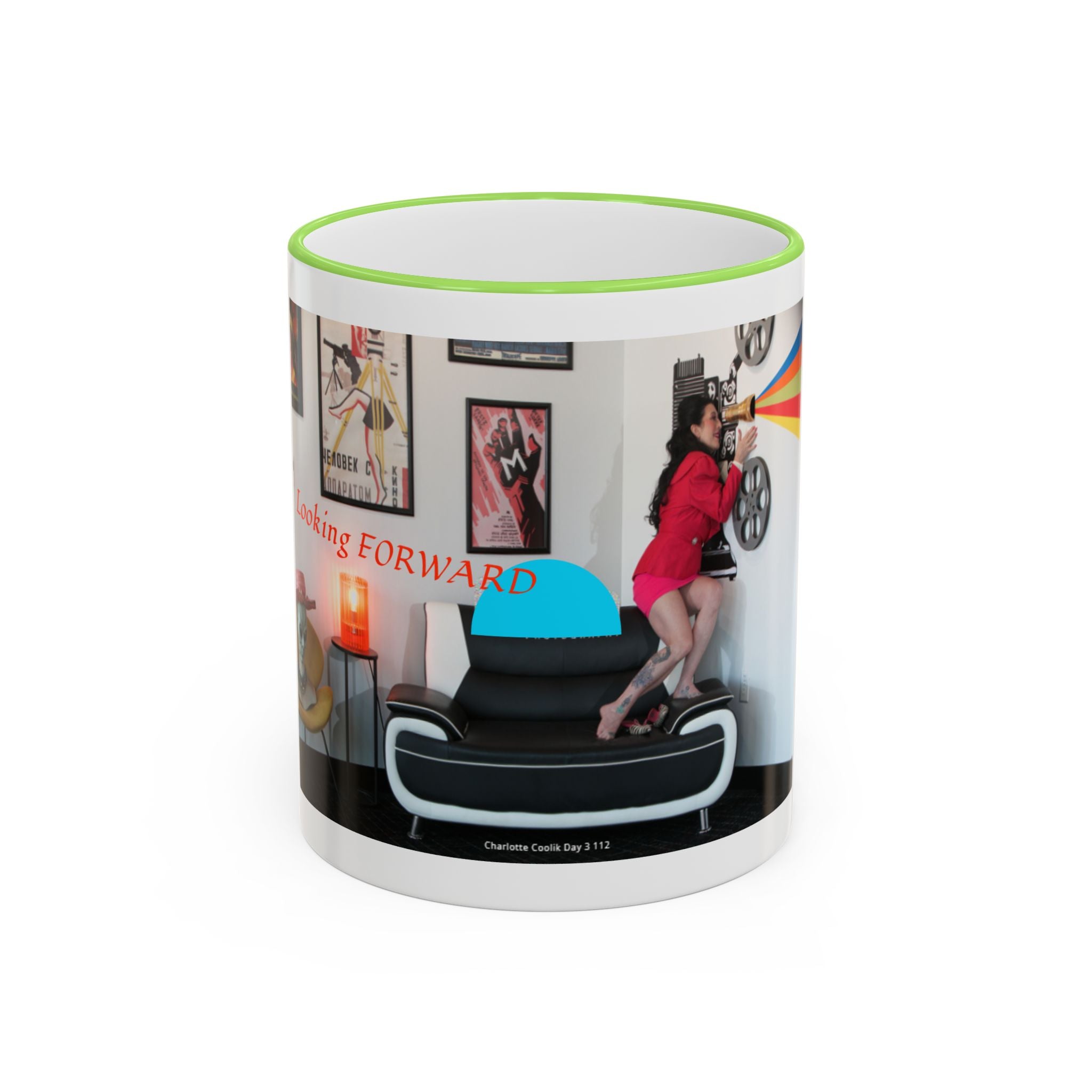 Retro Film Room Accent Rim Mug — 'Moving Forward' Graphic Coffee Cup (11oz/15oz)