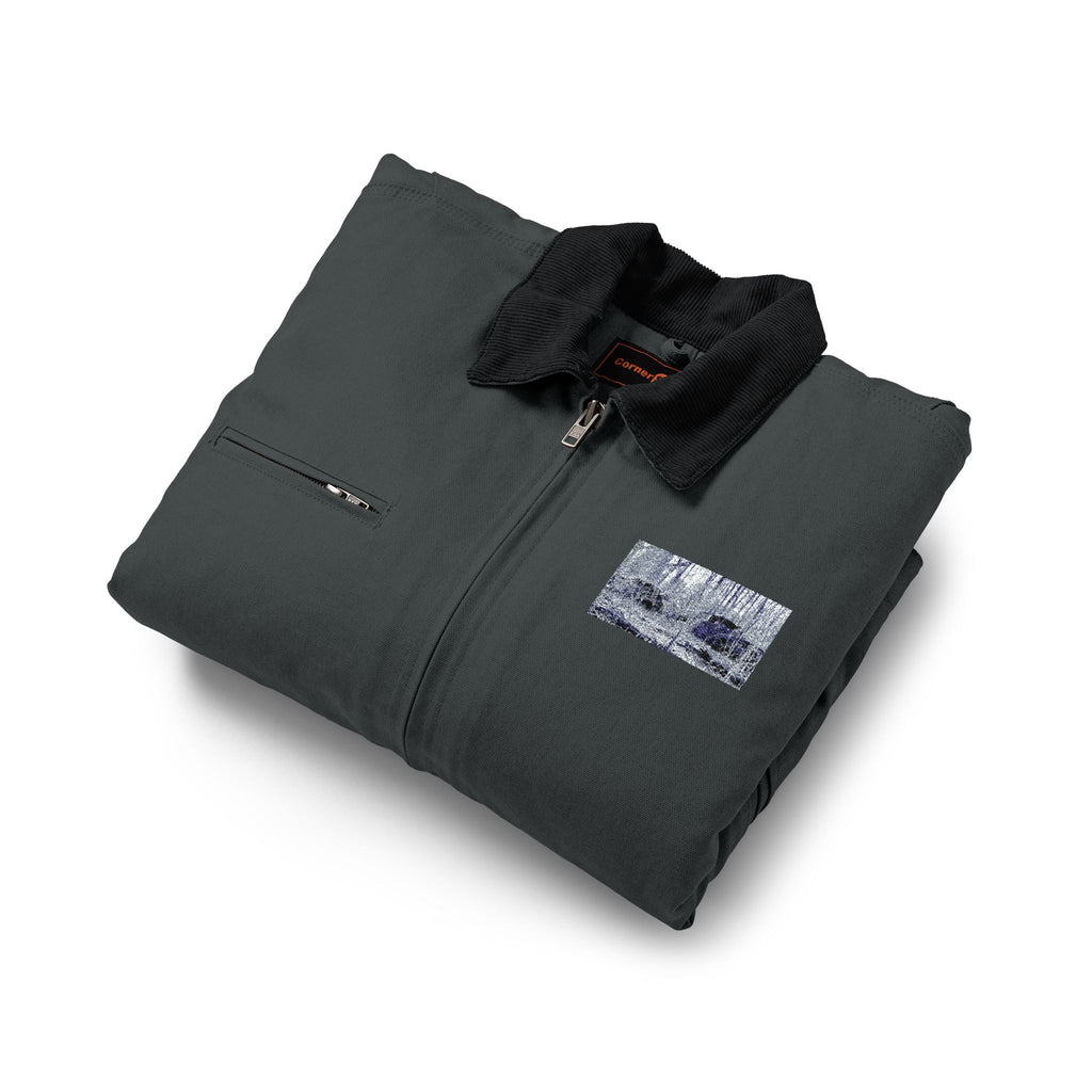 Black Work Jacket with Distressed American Rustic Landscape Patch — Heavy-Duty Duck Cloth