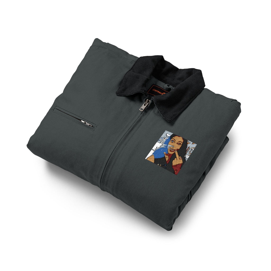 Work Jacket with Vintage Silly-Sexxy Lady "Eff-You Work,LOL" Portrait Patch — Durable Black Duck Cloth Jacket