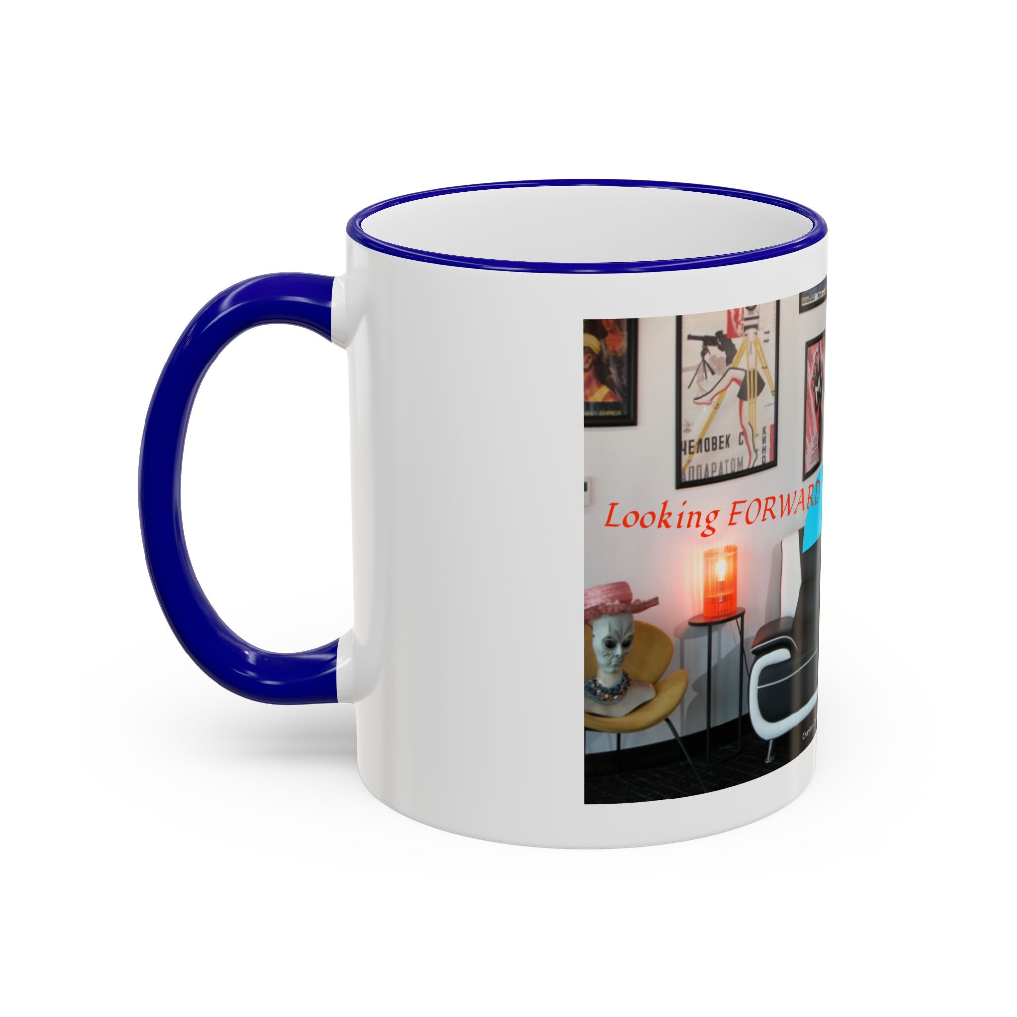 Retro Film Room Accent Rim Mug — 'Moving Forward' Graphic Coffee Cup (11oz/15oz)