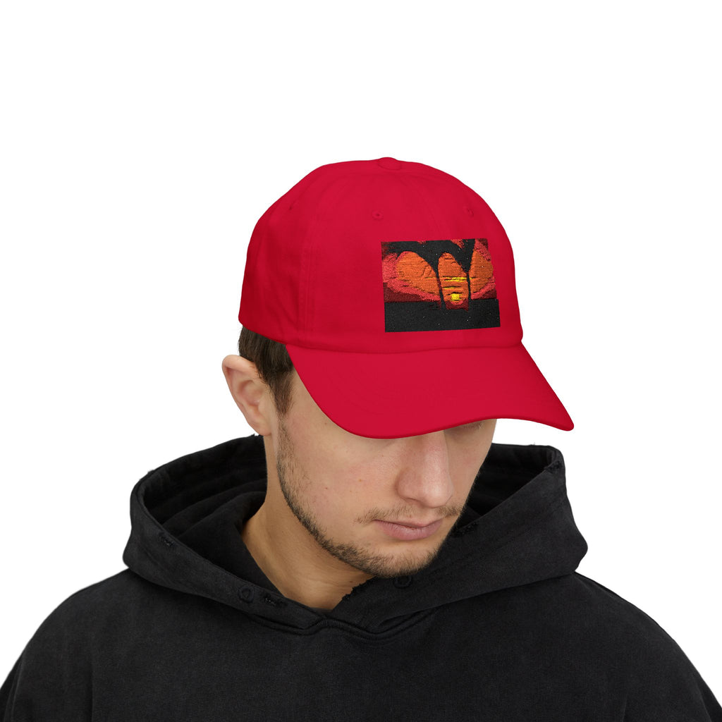 Sunset Palm Dad Cap — Retro Tropical Sunset Embroidered Hat