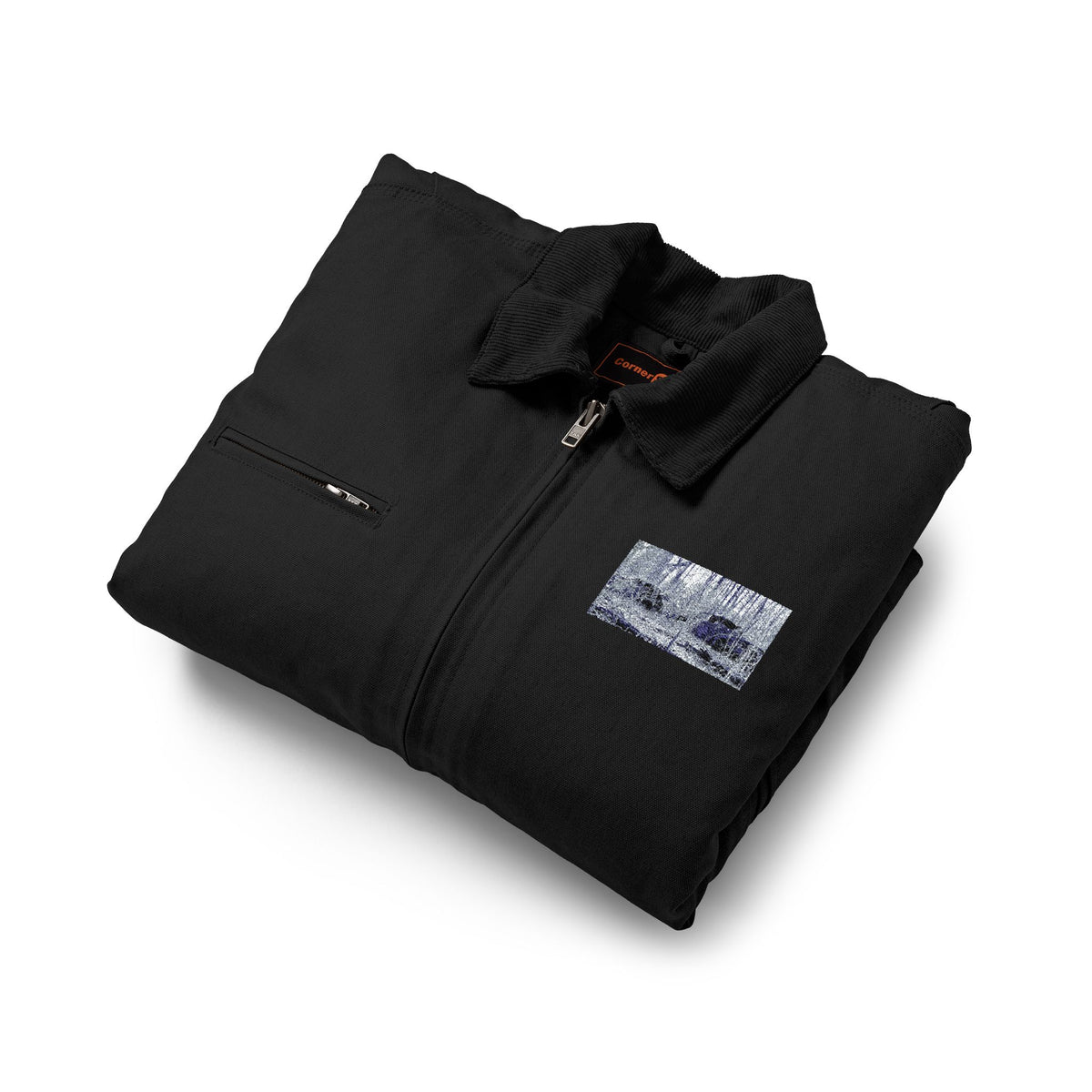 Black Work Jacket with Distressed American Rustic Landscape Patch — Heavy-Duty Duck Cloth