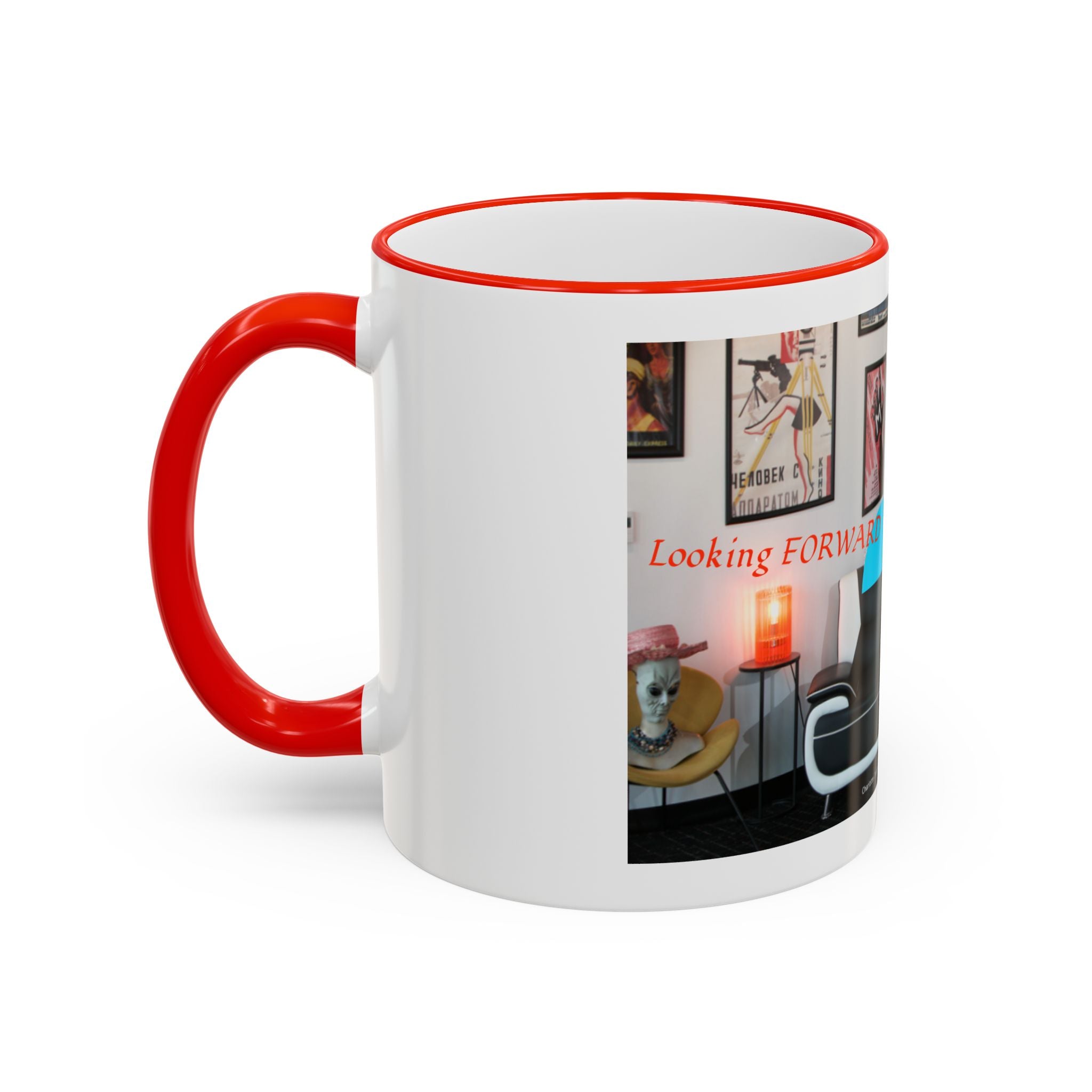 Retro Film Room Accent Rim Mug — 'Moving Forward' Graphic Coffee Cup (11oz/15oz)
