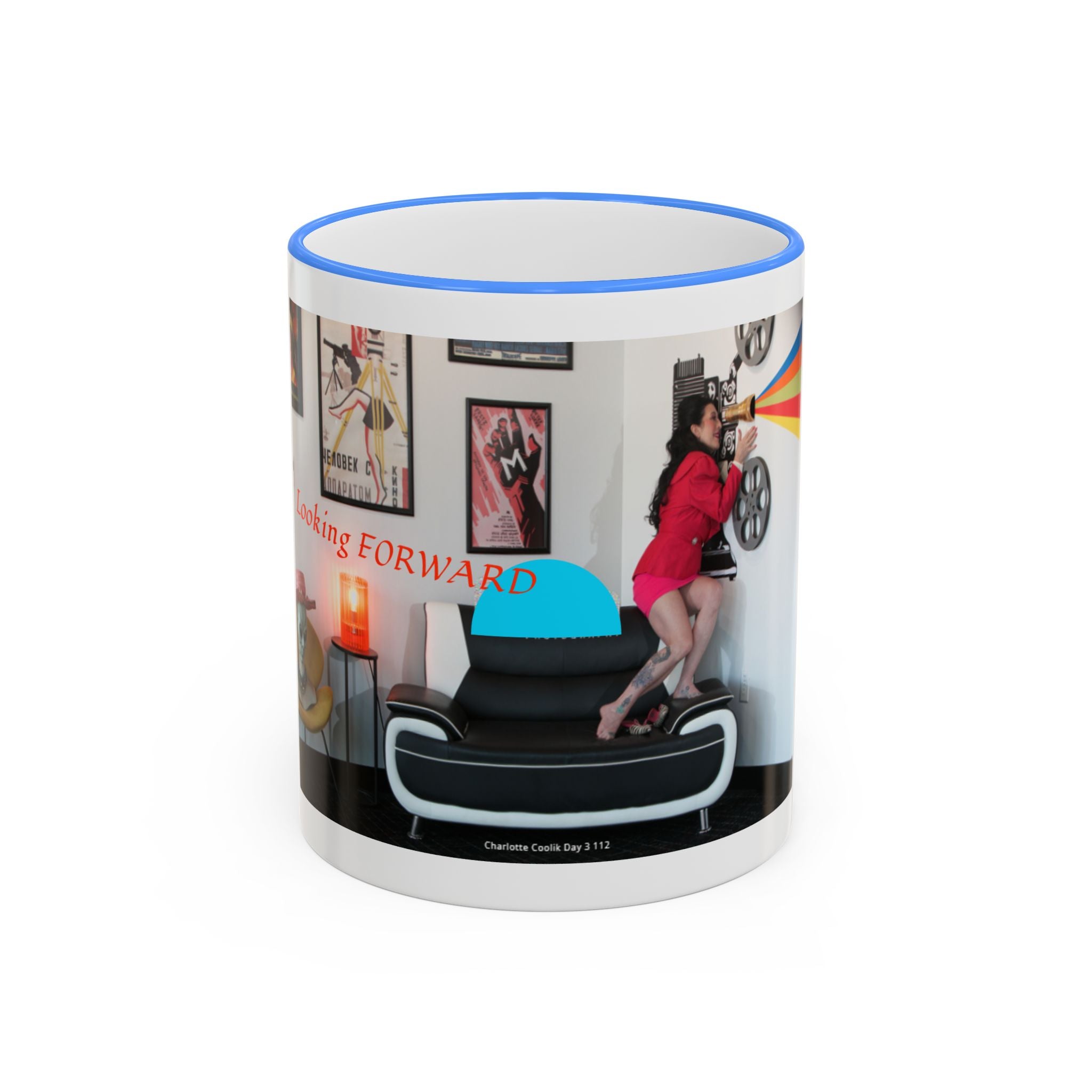Retro Film Room Accent Rim Mug — 'Moving Forward' Graphic Coffee Cup (11oz/15oz)