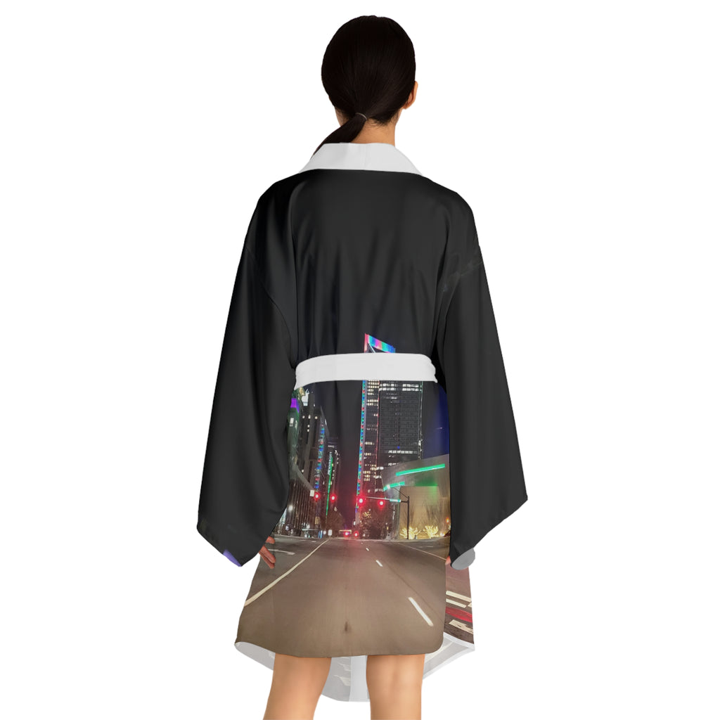 Neon City Nightscape Kimono Robe — Urban Night Drive All-Over Print