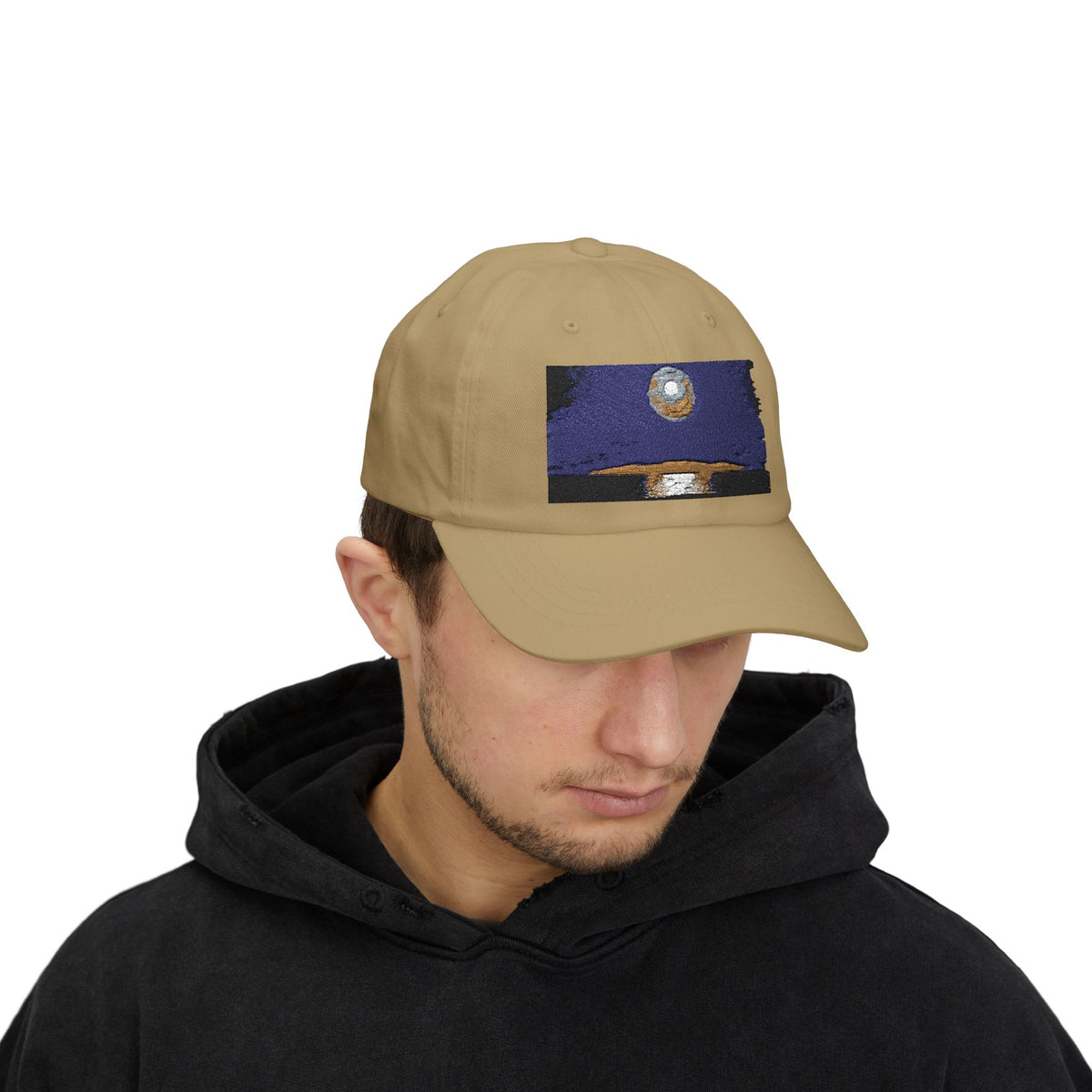 Dad Cap — Retro Full Moon Over Ocean Patch Embroidered Baseball Hat
