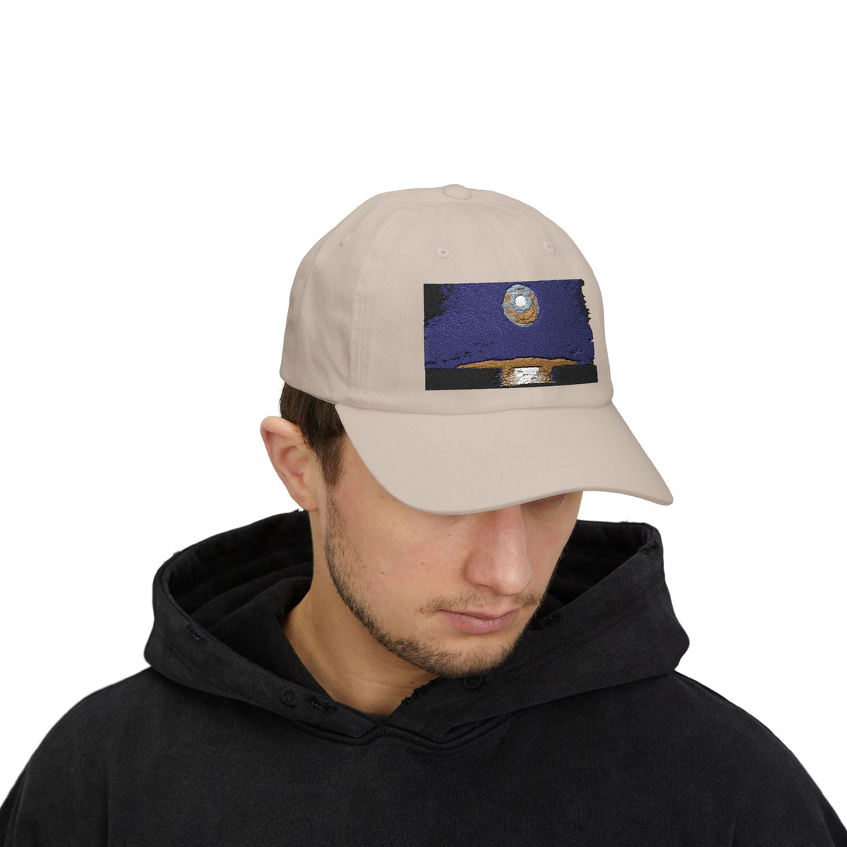 Dad Cap — Retro Full Moon Over Ocean Patch Embroidered Baseball Hat