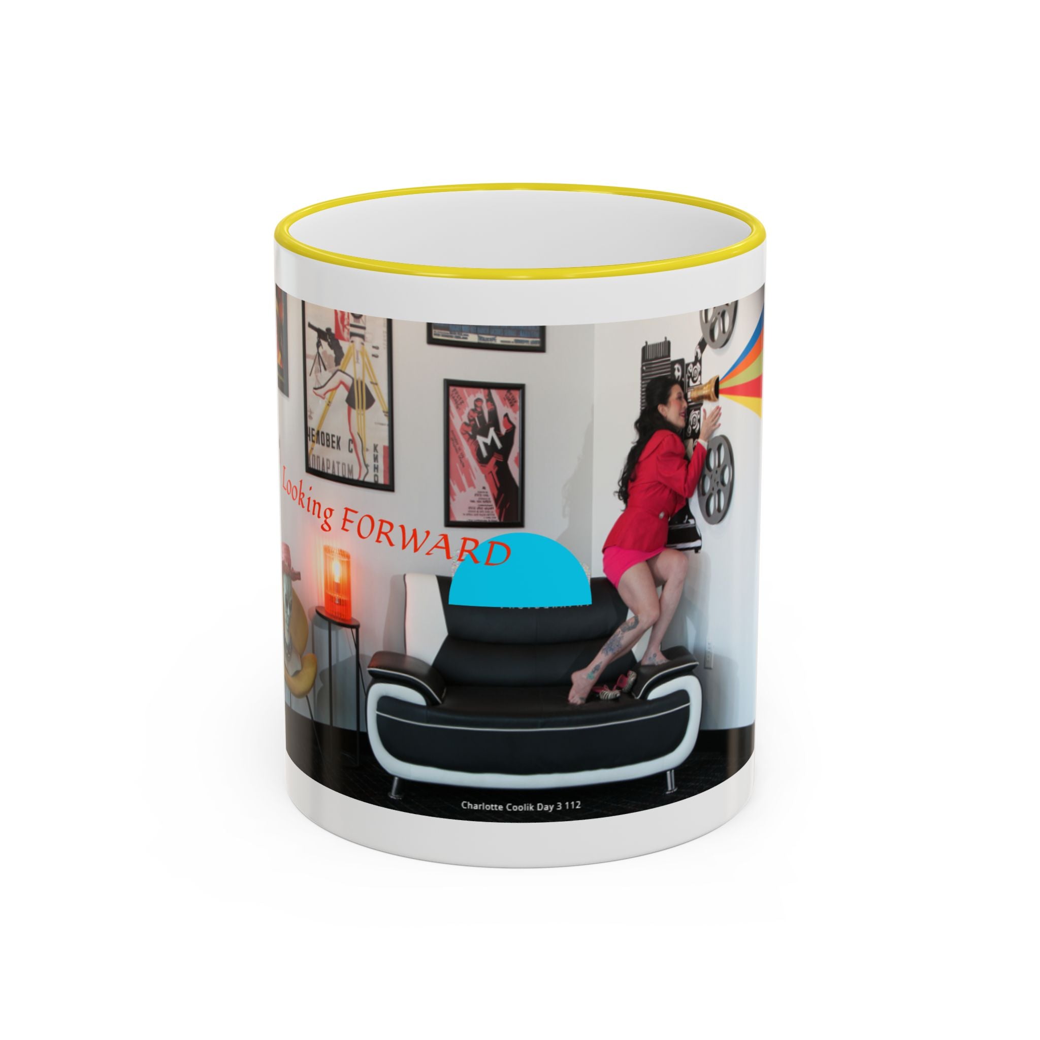 Retro Film Room Accent Rim Mug — 'Moving Forward' Graphic Coffee Cup (11oz/15oz)