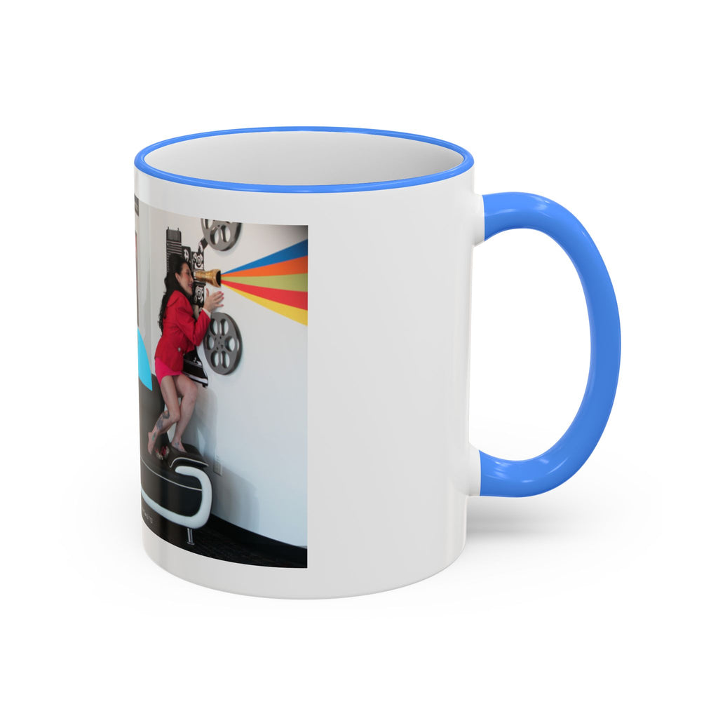 Retro Film Room Accent Rim Mug — 'Moving Forward' Graphic Coffee Cup (11oz/15oz)