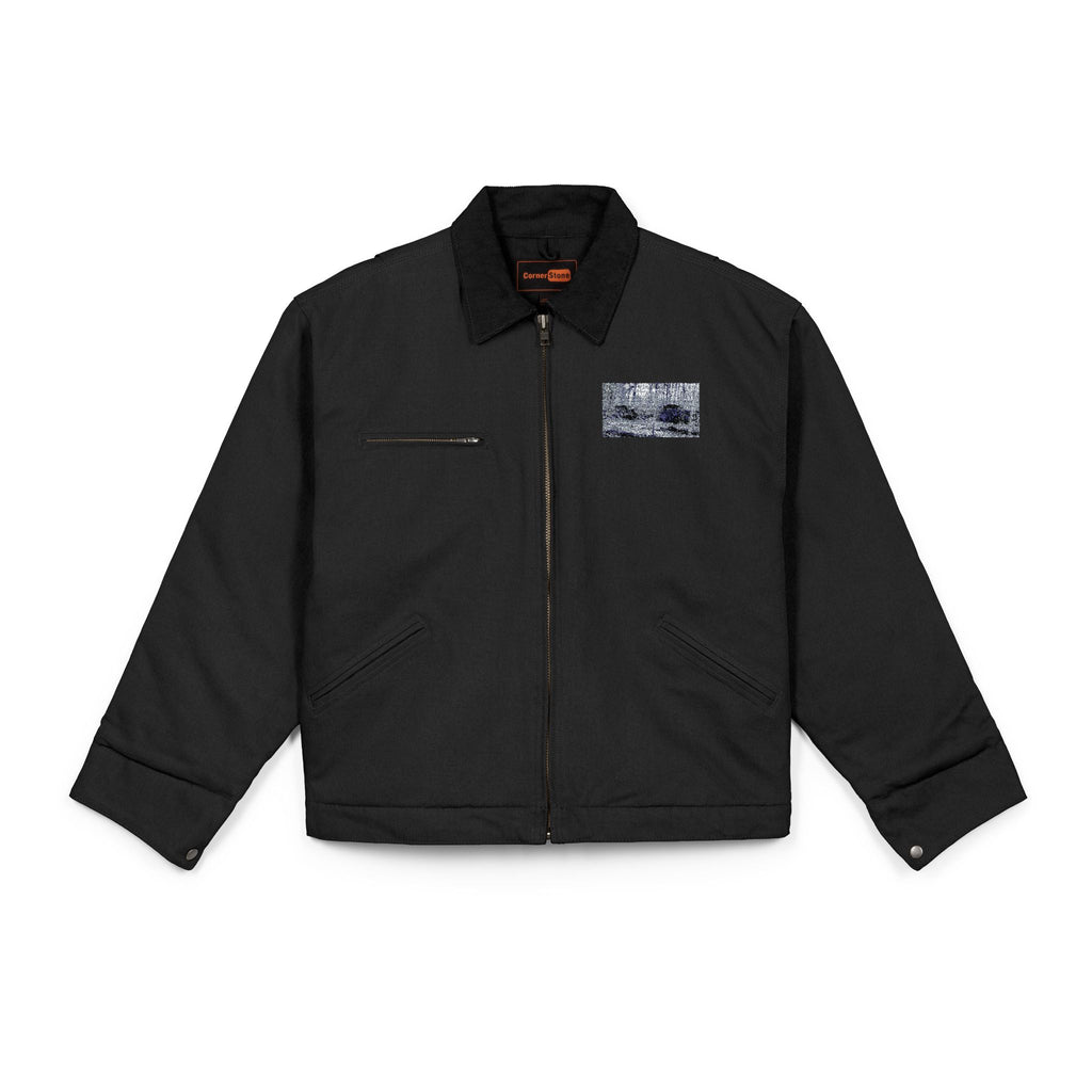 Black Work Jacket with Distressed American Rustic Landscape Patch — Heavy-Duty Duck Cloth