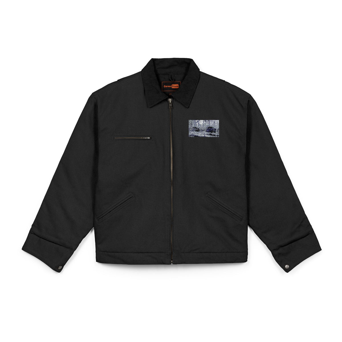Black Work Jacket with Distressed American Rustic Landscape Patch — Heavy-Duty Duck Cloth