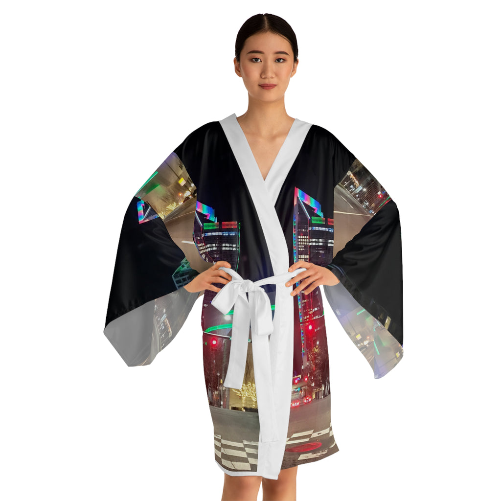 Neon City Nightscape Kimono Robe — Urban Night Drive All-Over Print