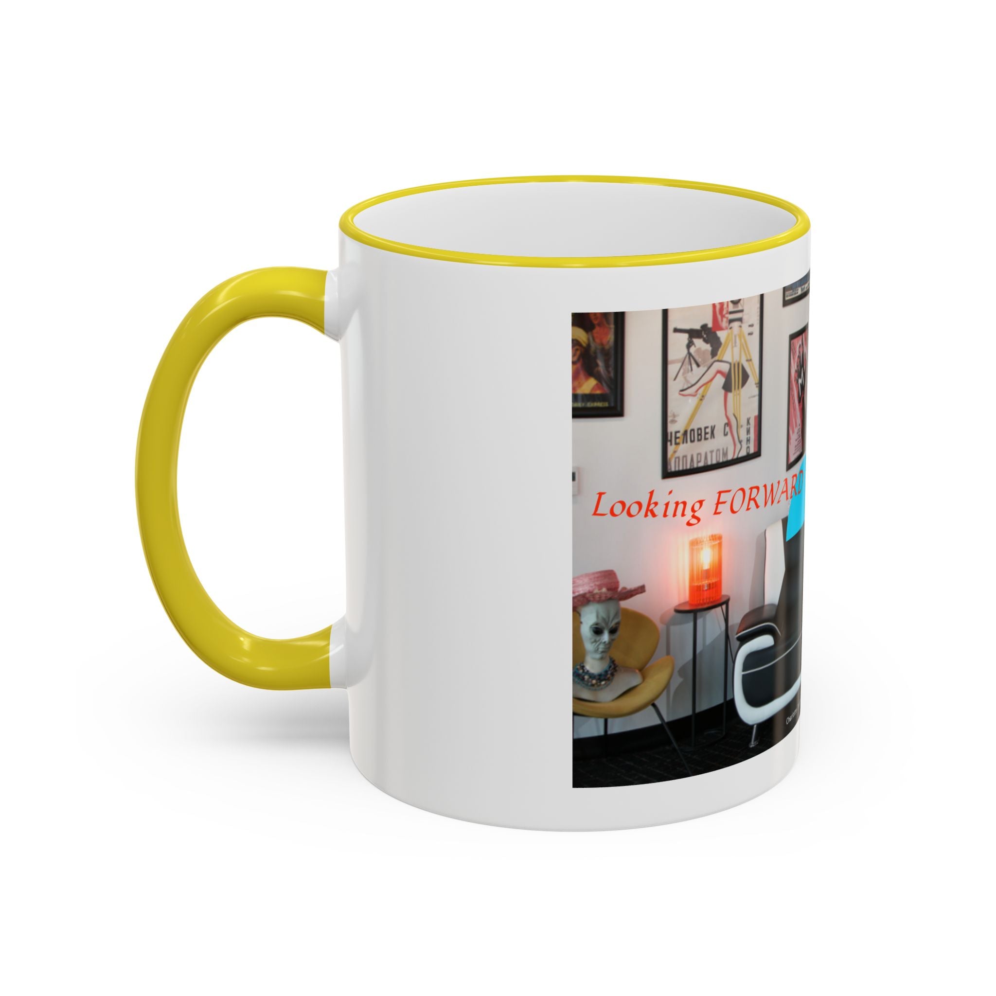 Retro Film Room Accent Rim Mug — 'Moving Forward' Graphic Coffee Cup (11oz/15oz)