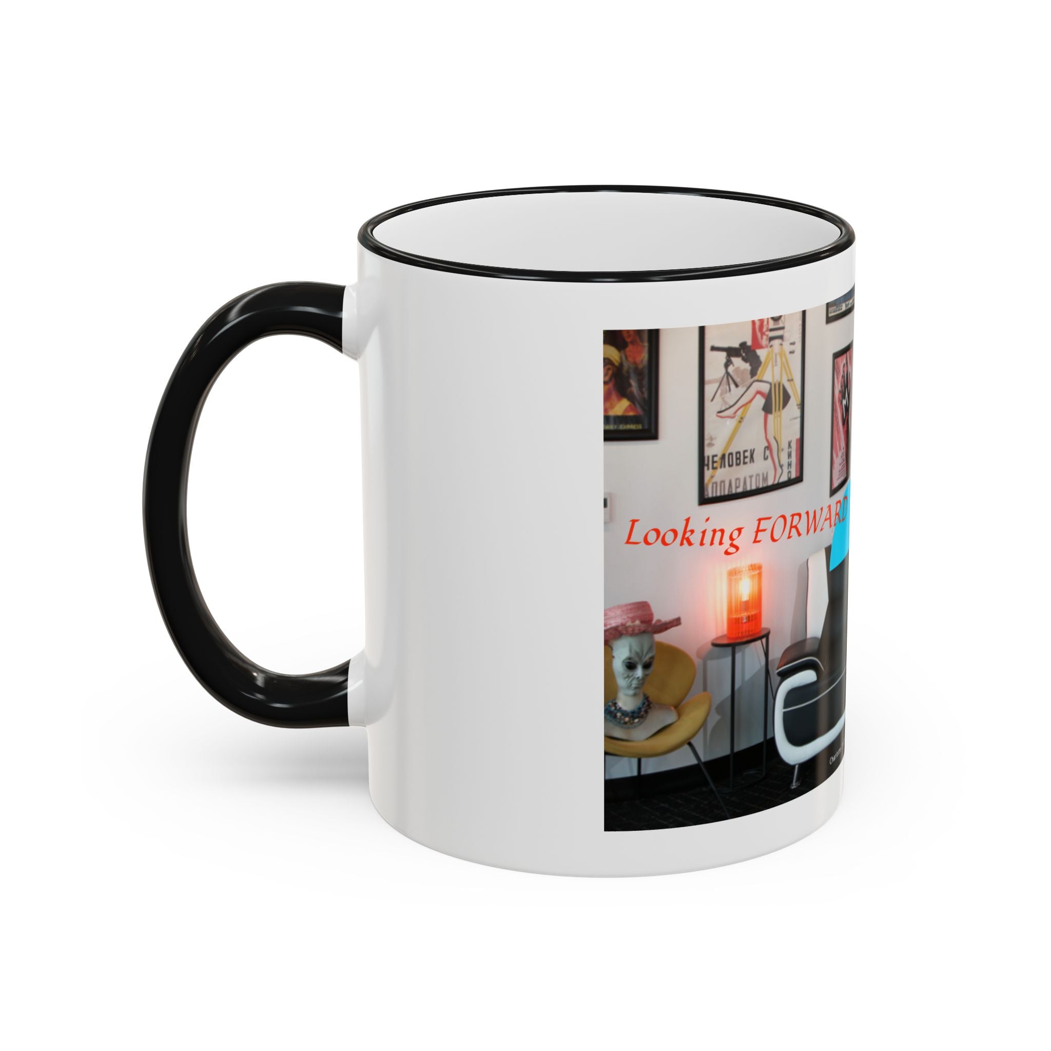 Retro Film Room Accent Rim Mug — 'Moving Forward' Graphic Coffee Cup (11oz/15oz)