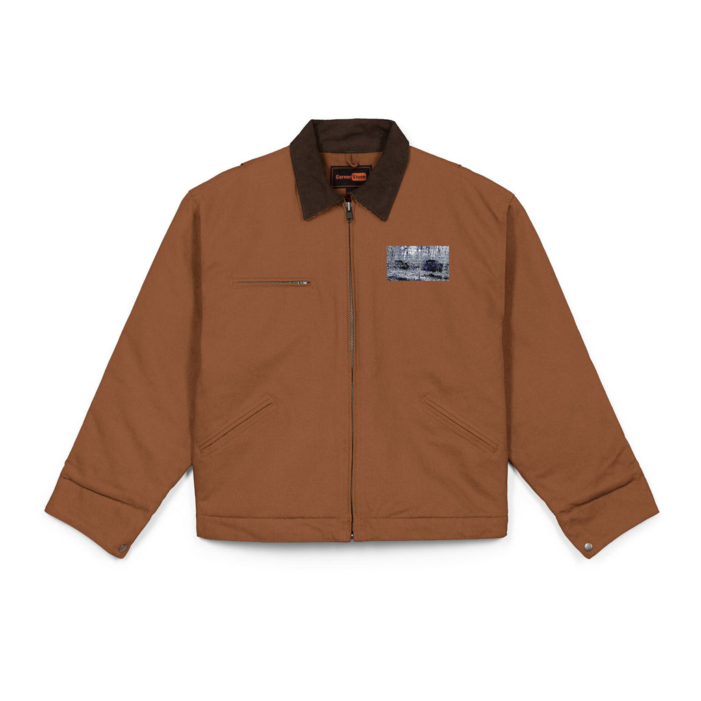 Black Work Jacket with Distressed American Rustic Landscape Patch — Heavy-Duty Duck Cloth