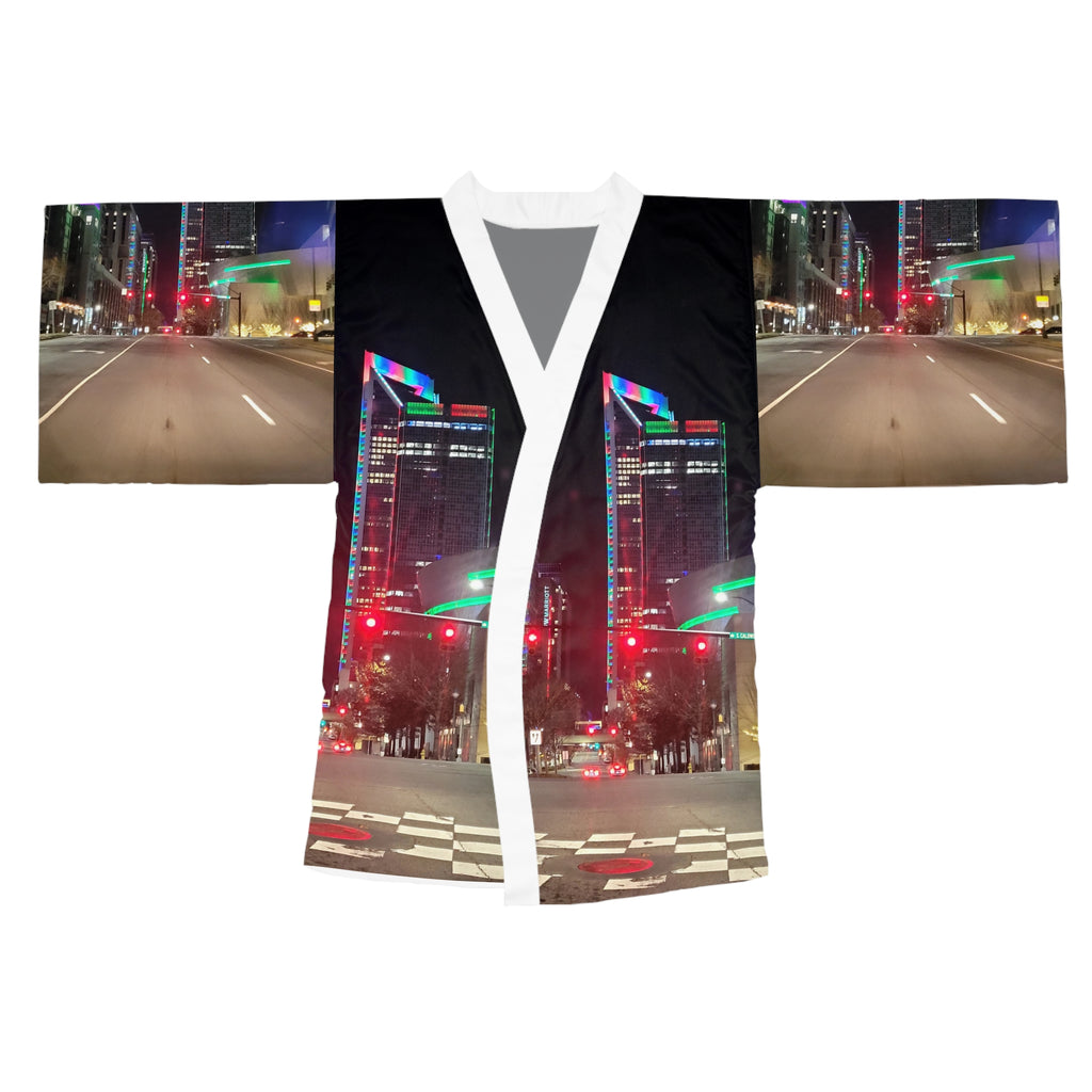 Neon City Nightscape Kimono Robe — Urban Night Drive All-Over Print