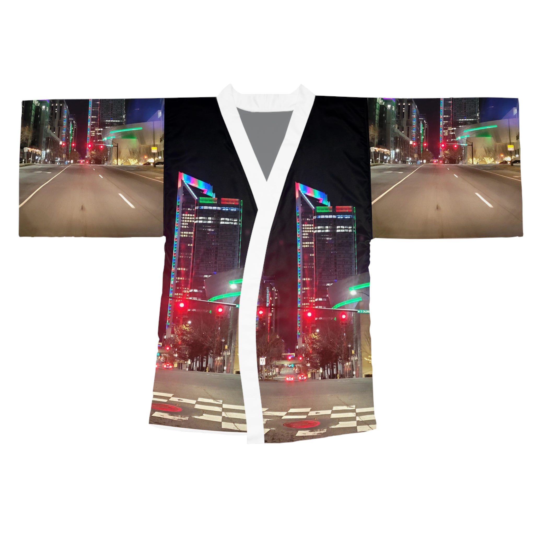 Neon City Nightscape Kimono Robe — Urban Night Drive All-Over Print