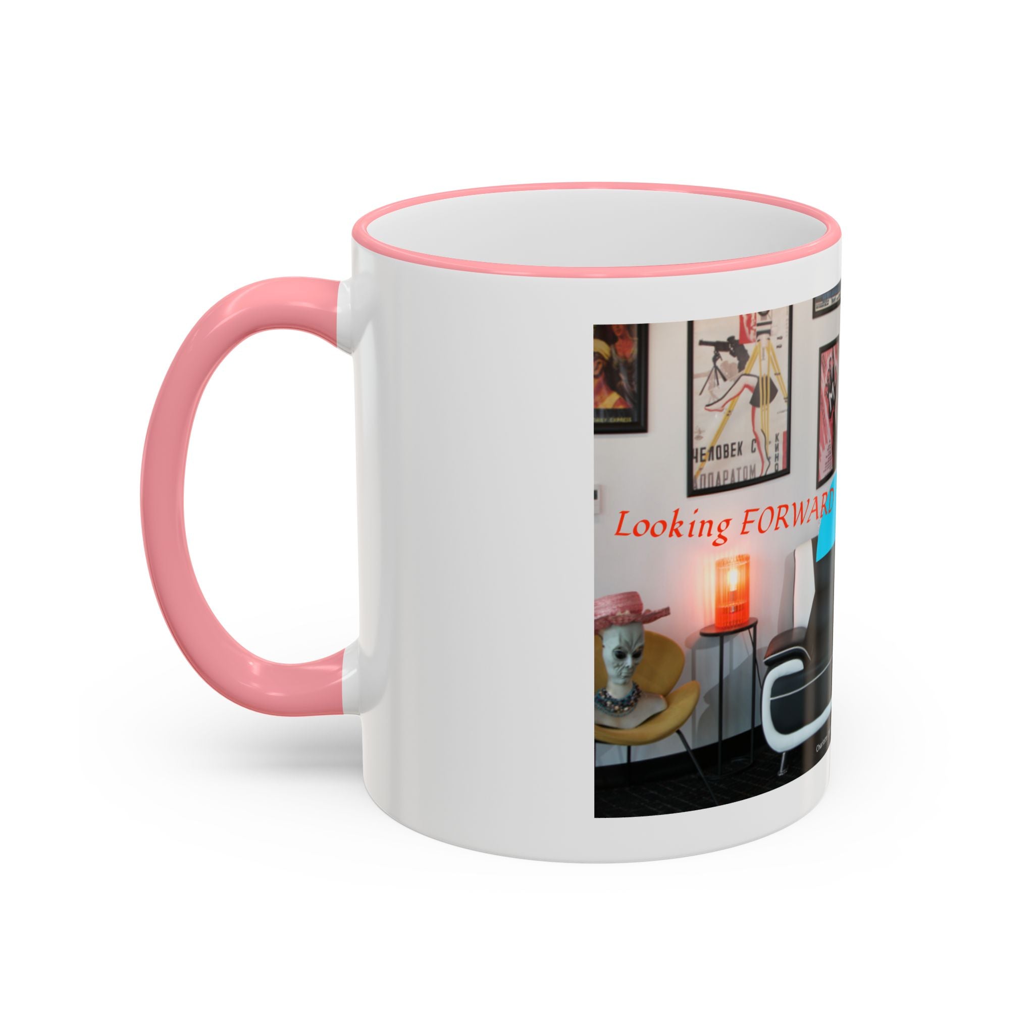 Retro Film Room Accent Rim Mug — 'Moving Forward' Graphic Coffee Cup (11oz/15oz)