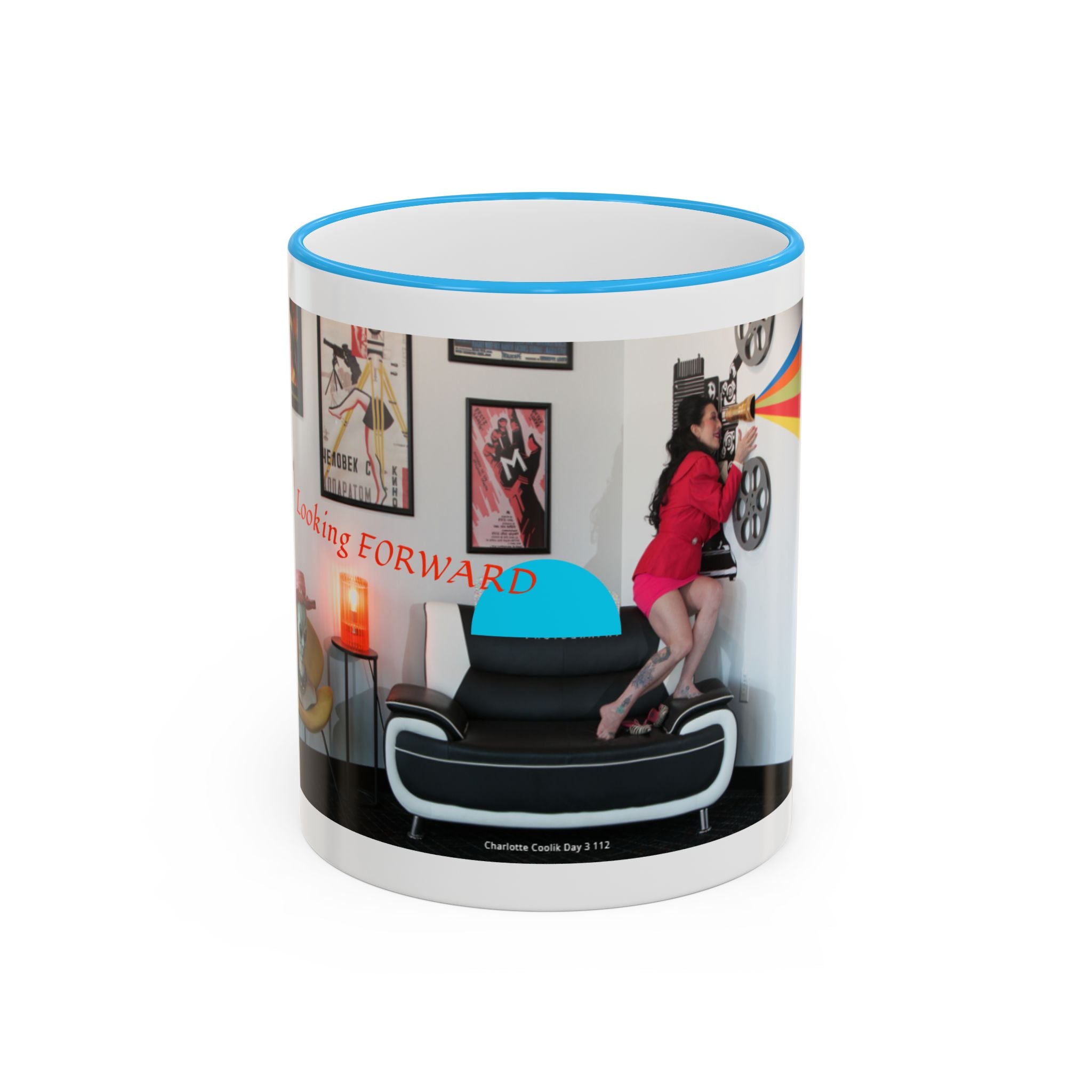 Retro Film Room Accent Rim Mug — 'Moving Forward' Graphic Coffee Cup (11oz/15oz)