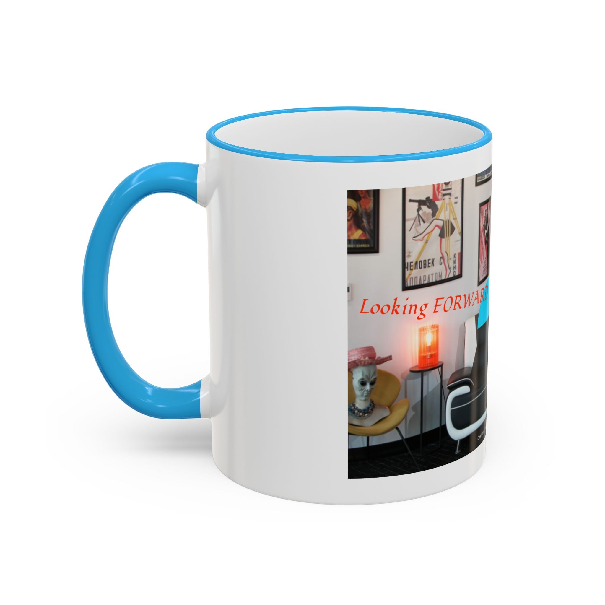 Retro Film Room Accent Rim Mug — 'Moving Forward' Graphic Coffee Cup (11oz/15oz)