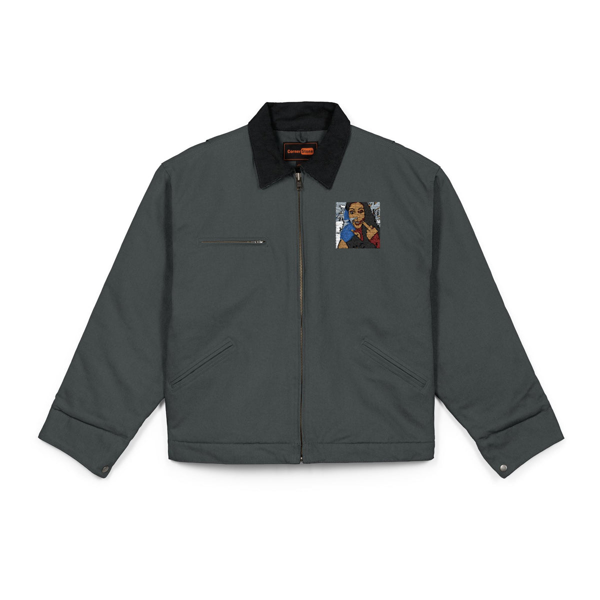Work Jacket with Vintage Silly-Sexxy Lady "Eff-You Work,LOL" Portrait Patch — Durable Black Duck Cloth Jacket