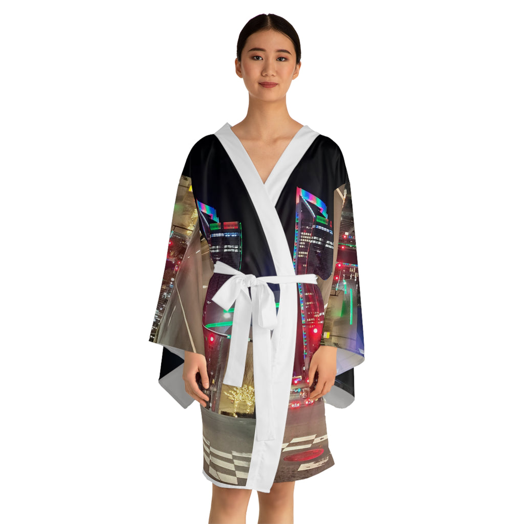 Neon City Nightscape Kimono Robe — Urban Night Drive All-Over Print