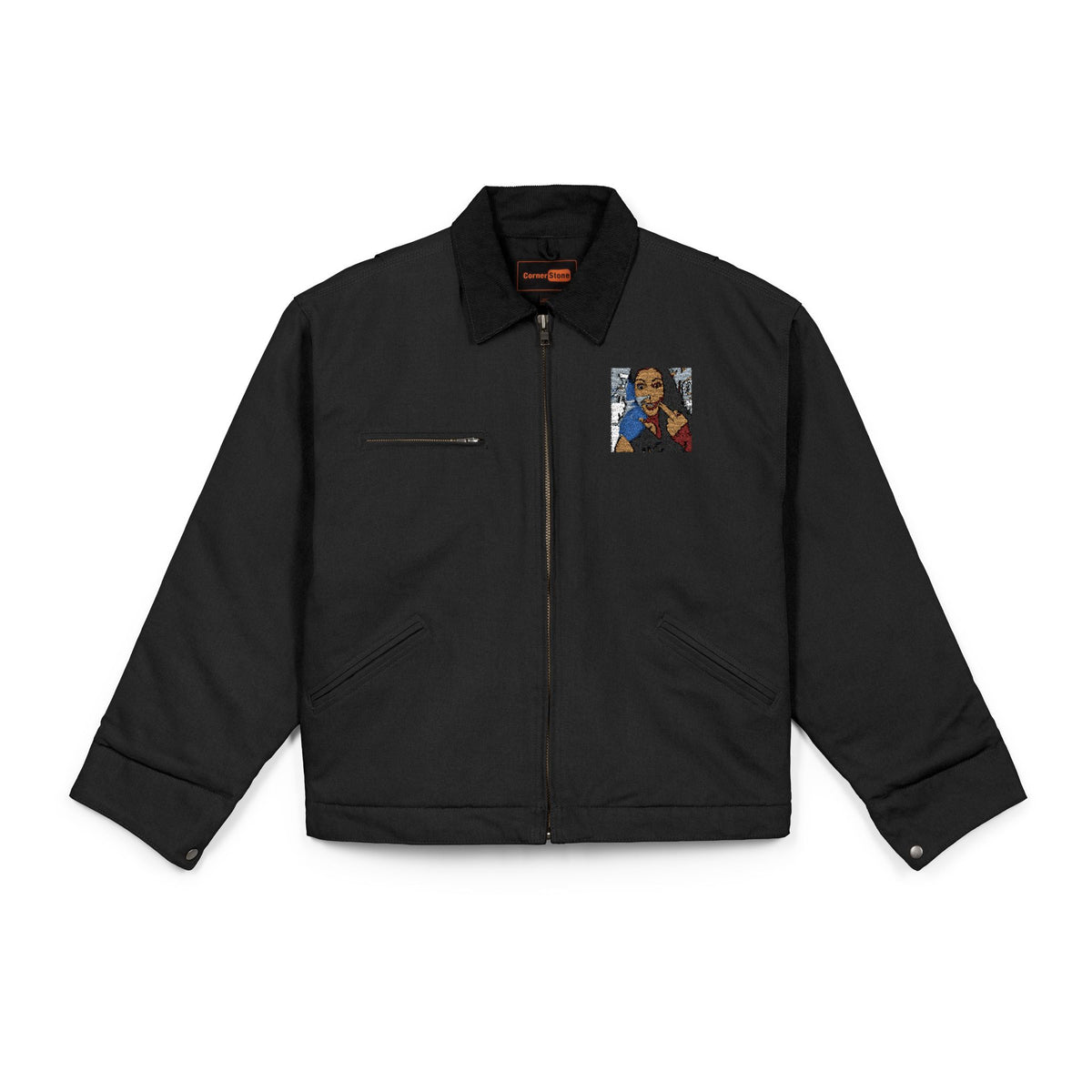 Work Jacket with Vintage Silly-Sexxy Lady "Eff-You Work,LOL" Portrait Patch — Durable Black Duck Cloth Jacket