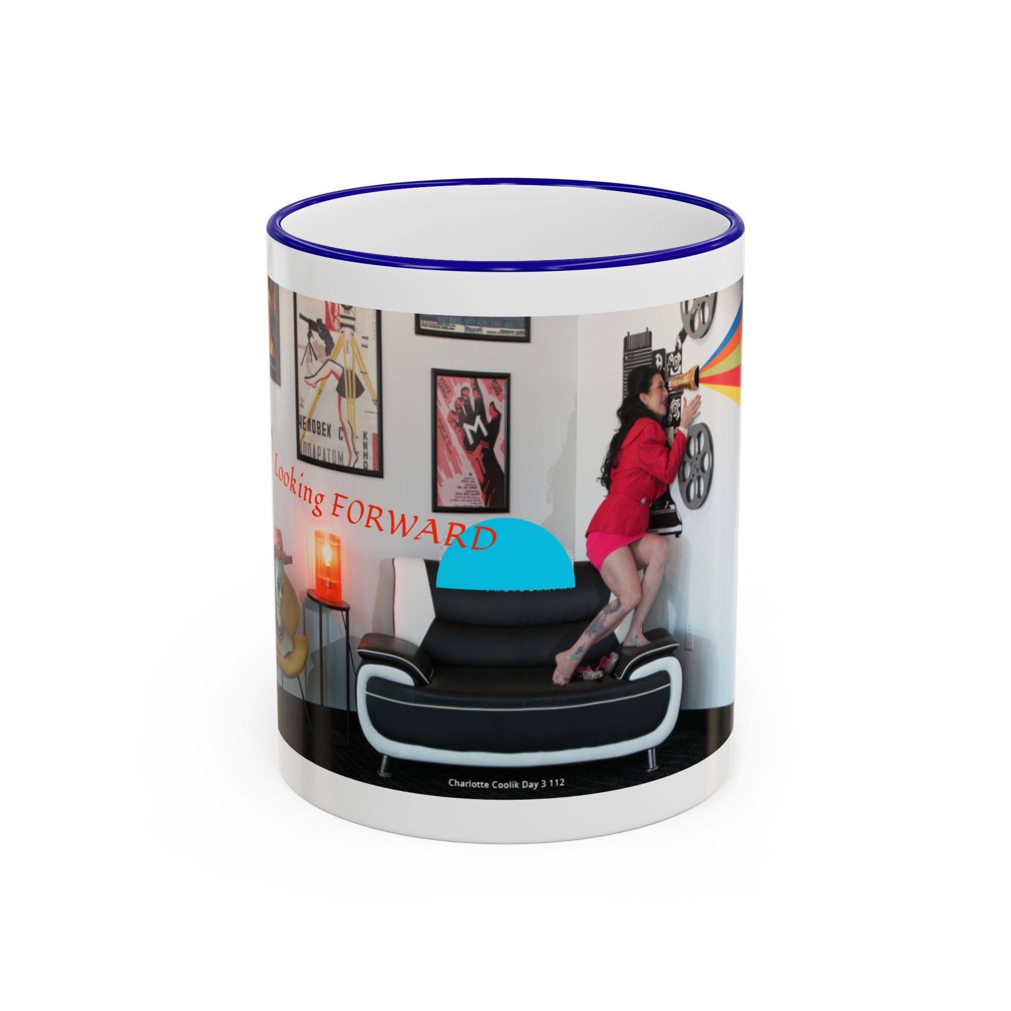 Retro Film Room Accent Rim Mug — 'Moving Forward' Graphic Coffee Cup (11oz/15oz)