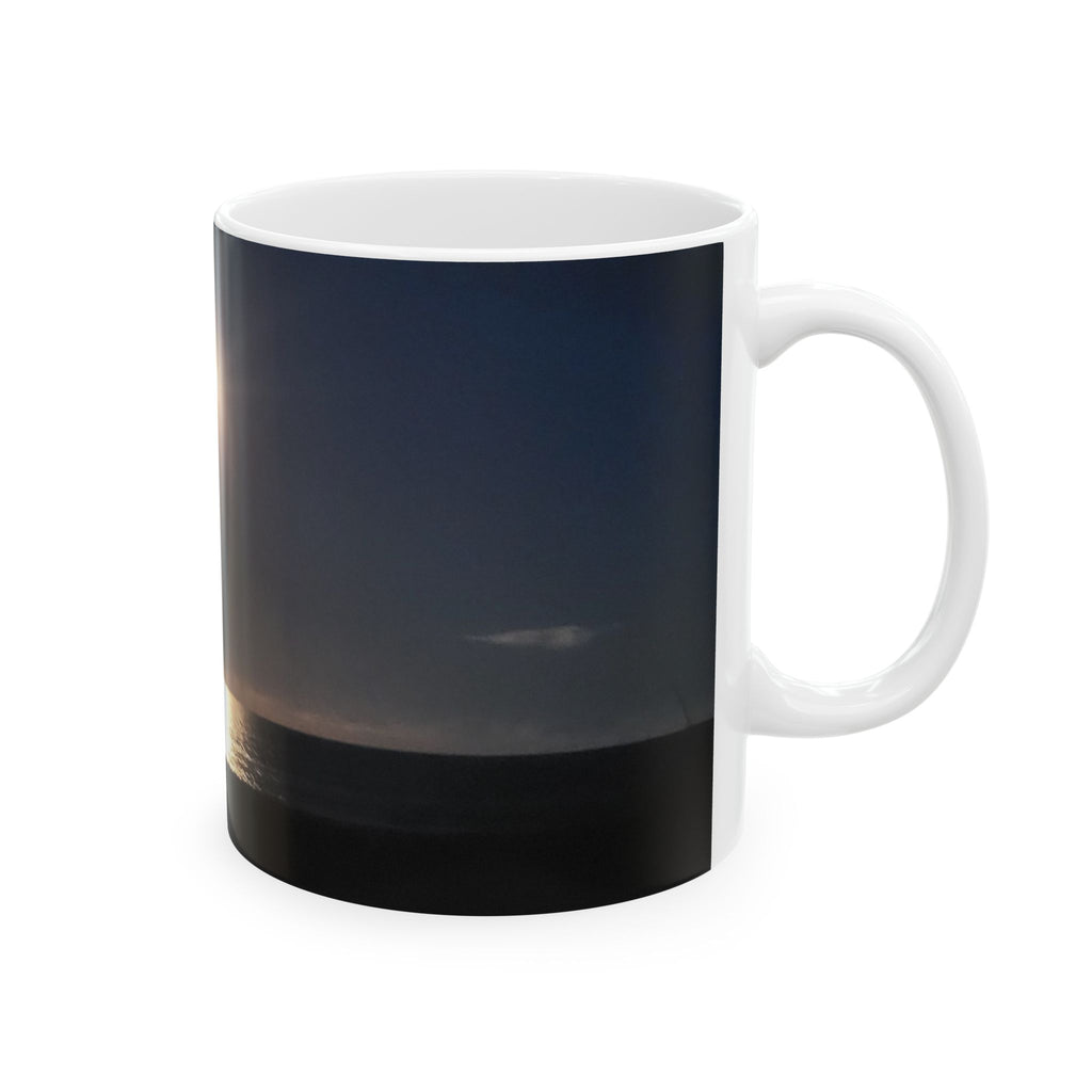 Sunrise Over Ocean Ceramic Mug — Calm Beach Coffee Cup (11oz/15oz)