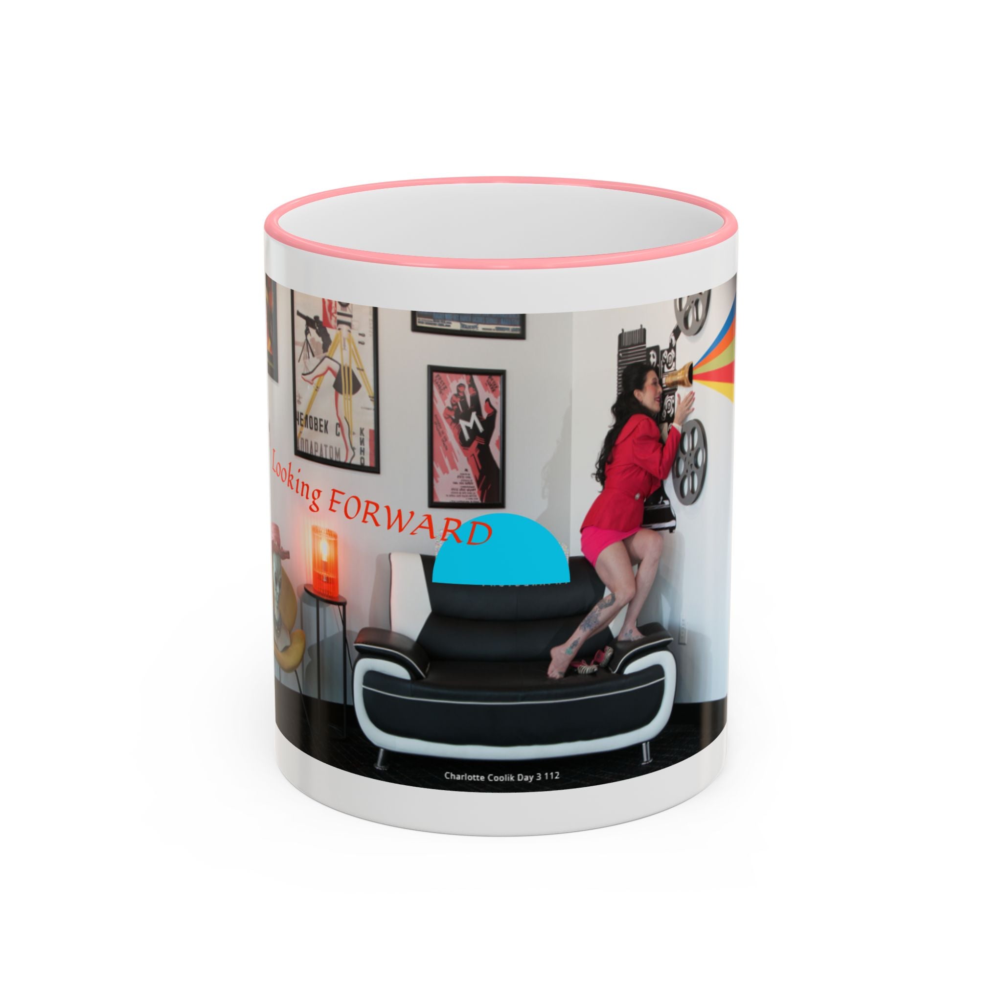 Retro Film Room Accent Rim Mug — 'Moving Forward' Graphic Coffee Cup (11oz/15oz)