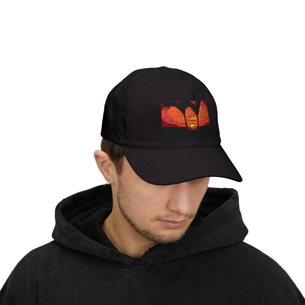 Sunset Palm Dad Cap — Retro Tropical Sunset Embroidered Hat